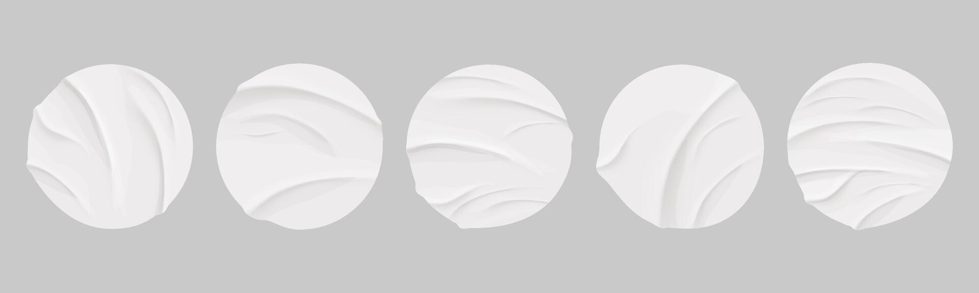 Glued circle paper wrinkled effect sticker, empty frame, badge mockup isolated. Set round tags textured patches. Crumpled poster, label. vector