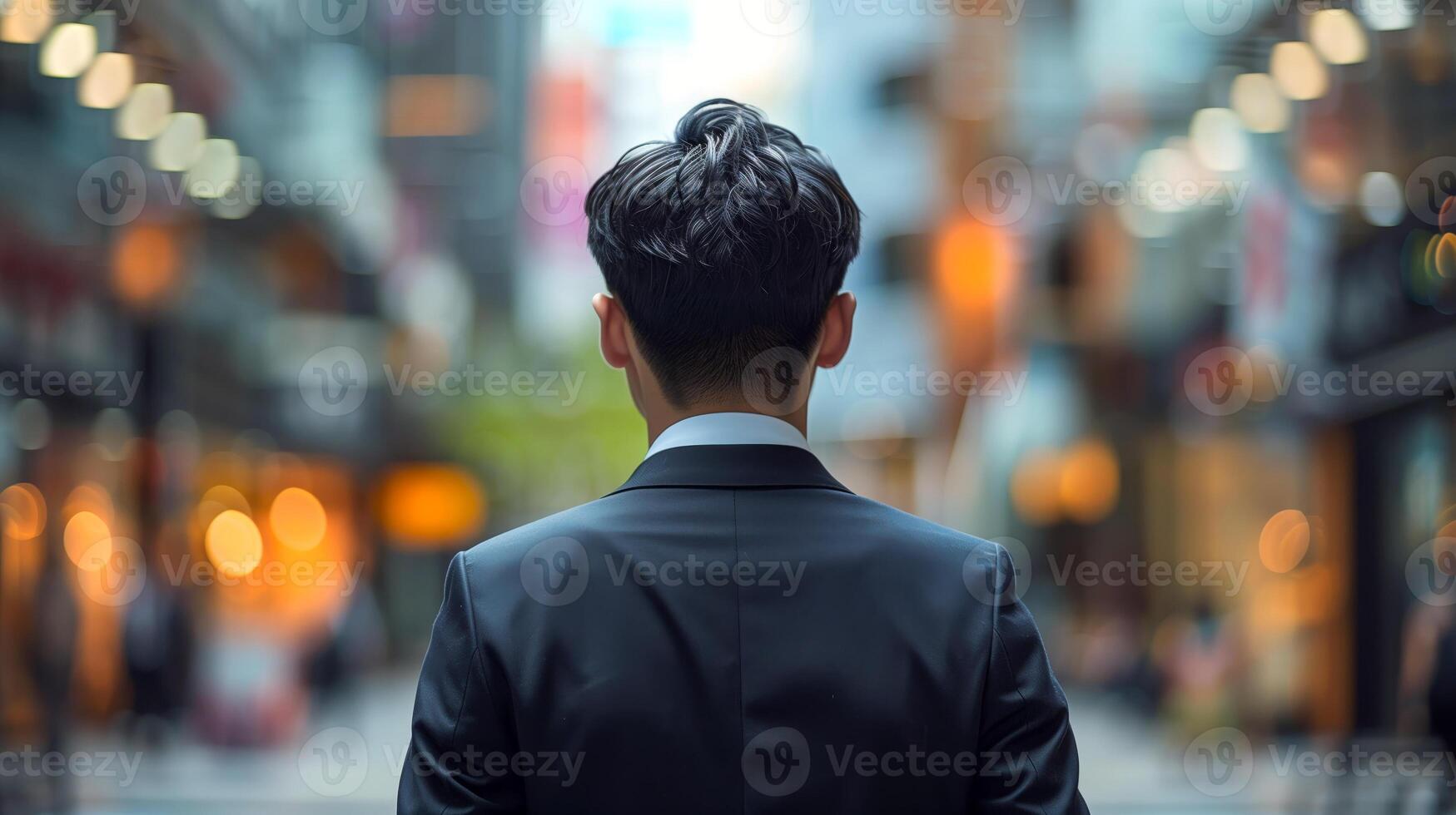 Businessman in Suit Standing in Bustling City Street photo