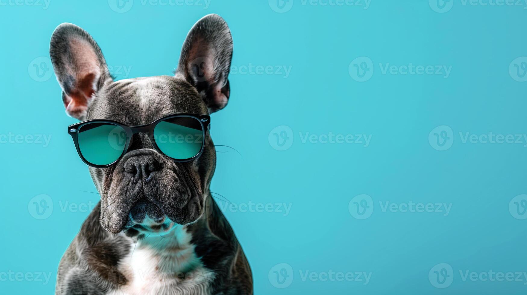 French Bulldog with Sunglasses on Blue Background photo