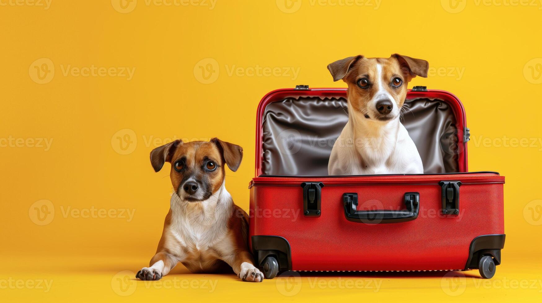 Two Adorable Dogs with Red Suitcase on Yellow Background photo