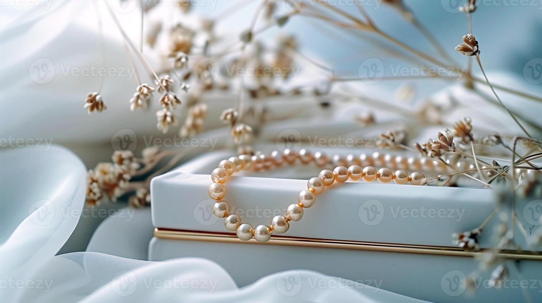 Elegant Pearl Necklace Displayed with Delicate Dried Flowers photo