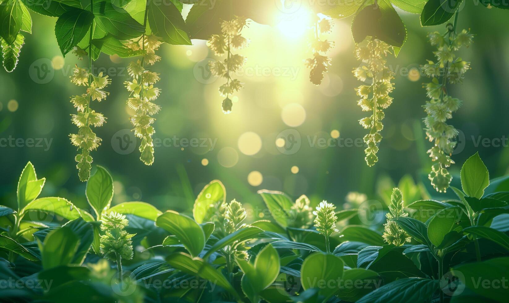 Sunlit Hanging Flowers in Lush Greenery photo
