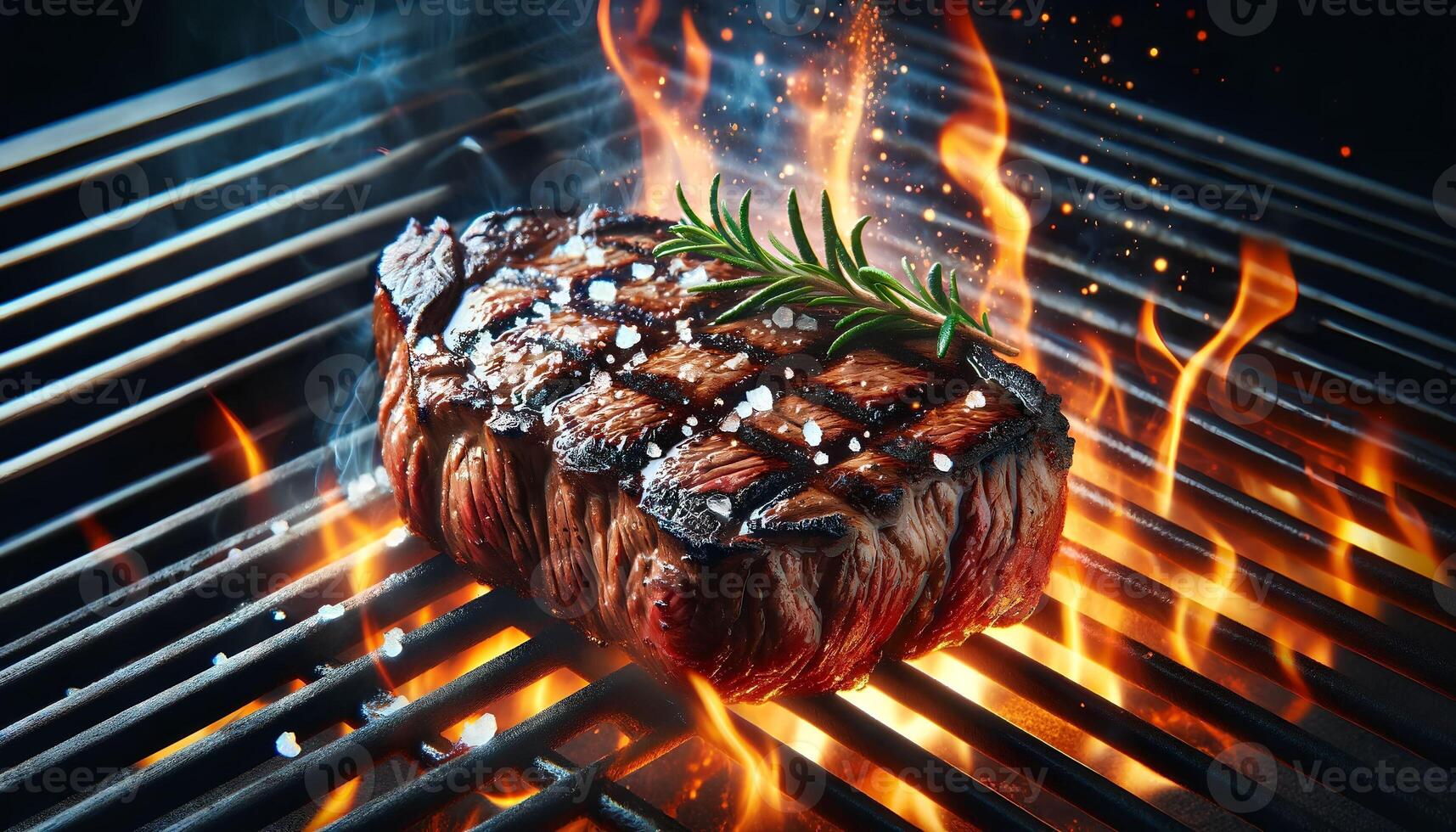 Sizzling Rosemary Infused Grilled Steak on Fire photo