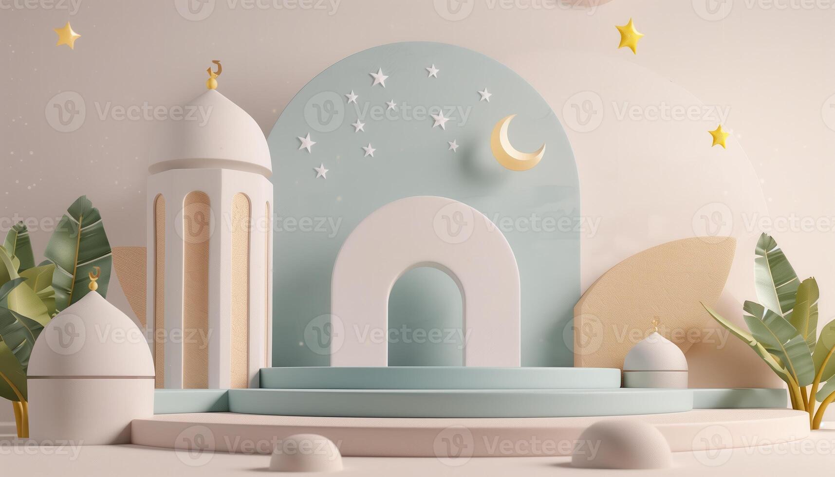 Dreamy Mosque-Inspired Scene with Crescent Moon and Stars photo