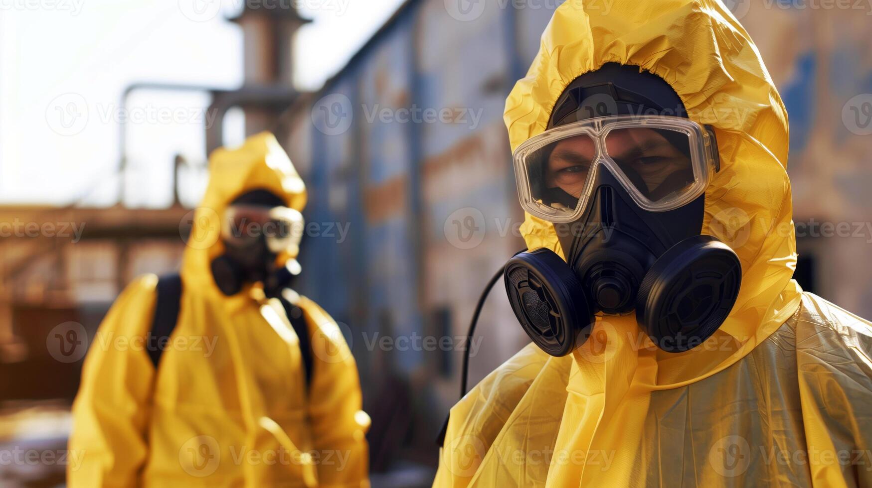 Workers in Yellow Hazmat Suits with Respirators in Industrial Area photo