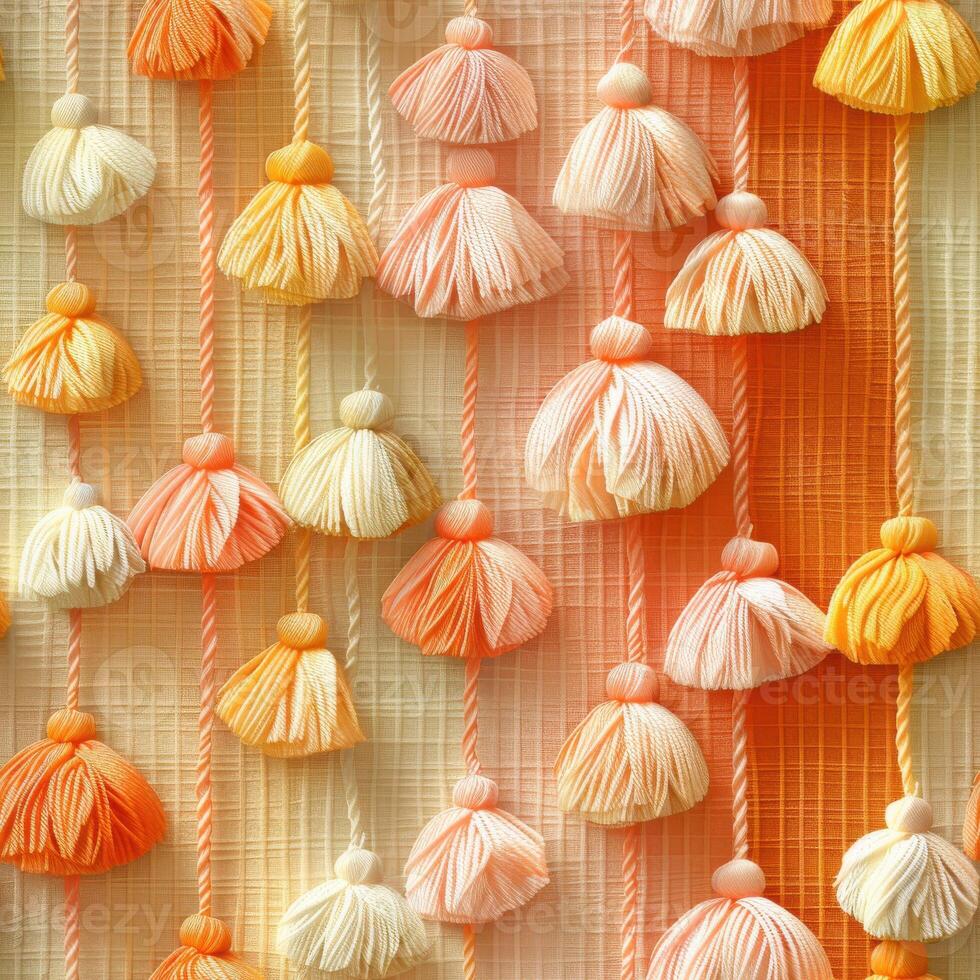 Colorful Tassel Garland on Textured Fabric Background photo