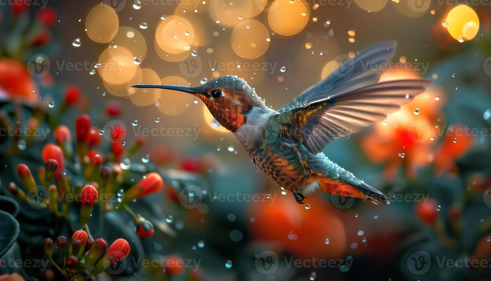 Hummingbird in Bloom Raindrop Serenade with Glowing Bokeh Background photo