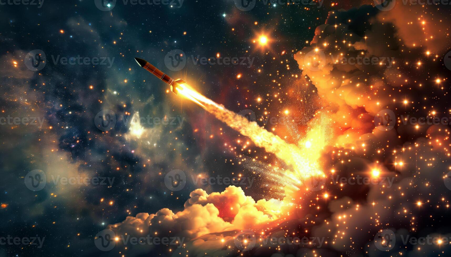 Rocket Launch in Colorful Cosmic Nebula with Bright Stars and Clouds photo