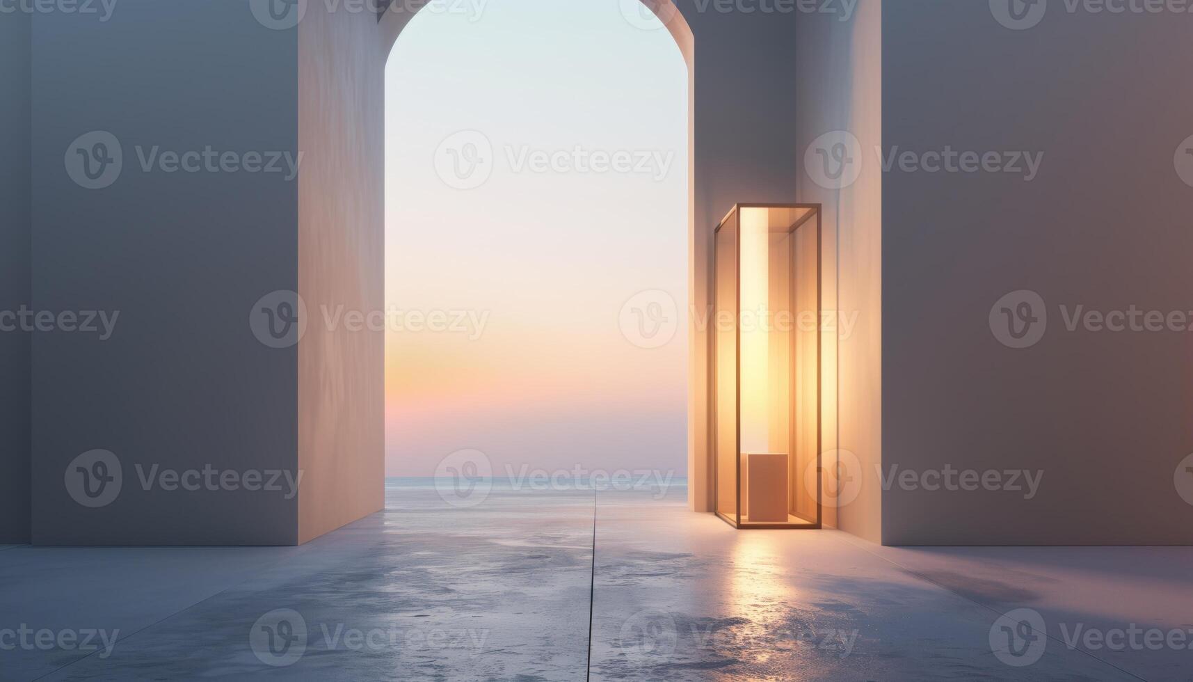 Modern Architectural Space with Minimalist Design and Ocean View at Sunset photo