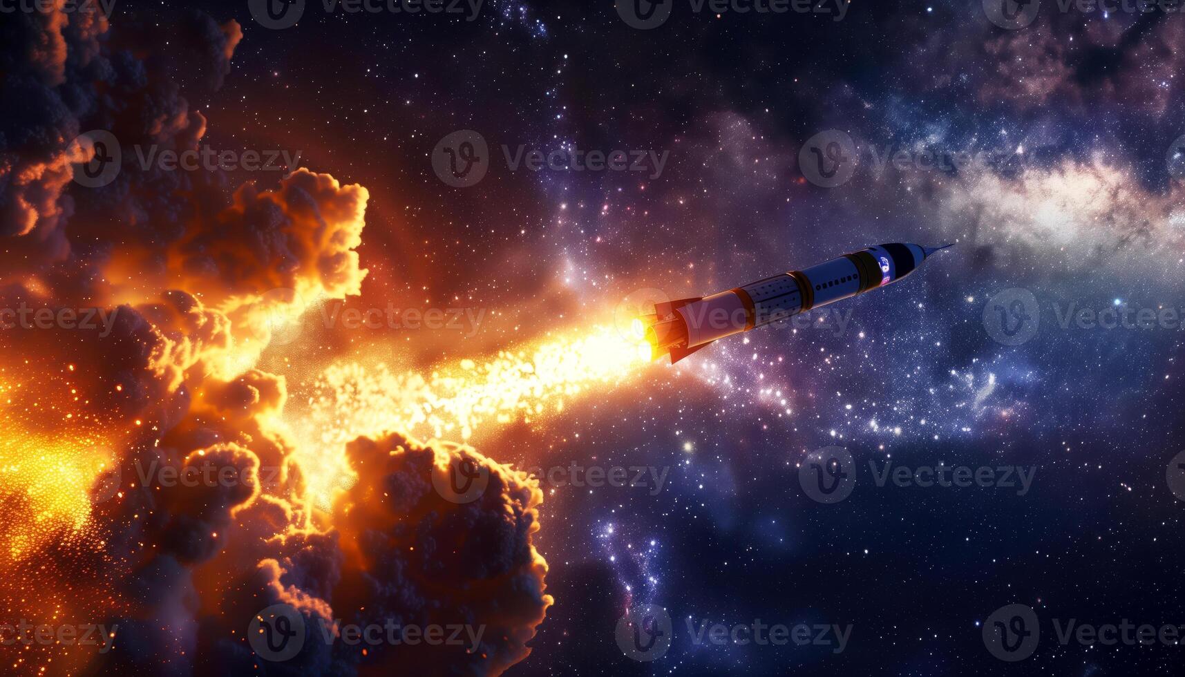 Rocket Launching into Vibrant Cosmic Nebula with Fiery Thrusters photo