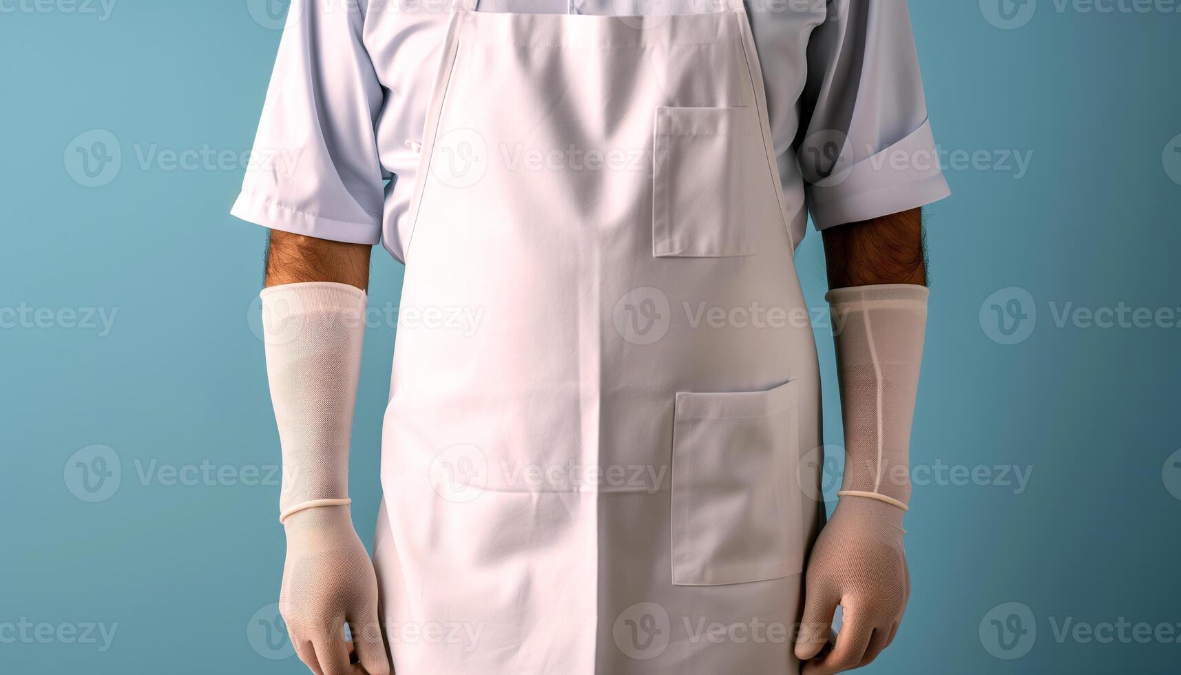 Professional Chef in White Uniform and Gloves on Blue Background photo