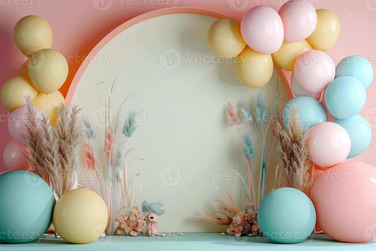 Pastel Balloon and Plant Backdrop with Decorative Bunny photo
