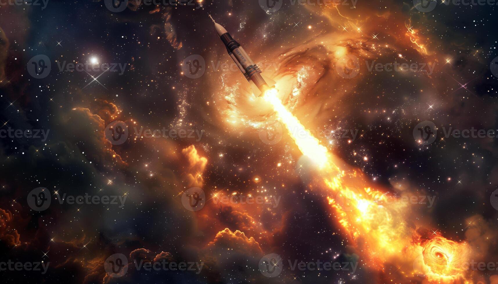 Rocket Launching into Fiery Cosmic Nebula, Interstellar Voyage photo