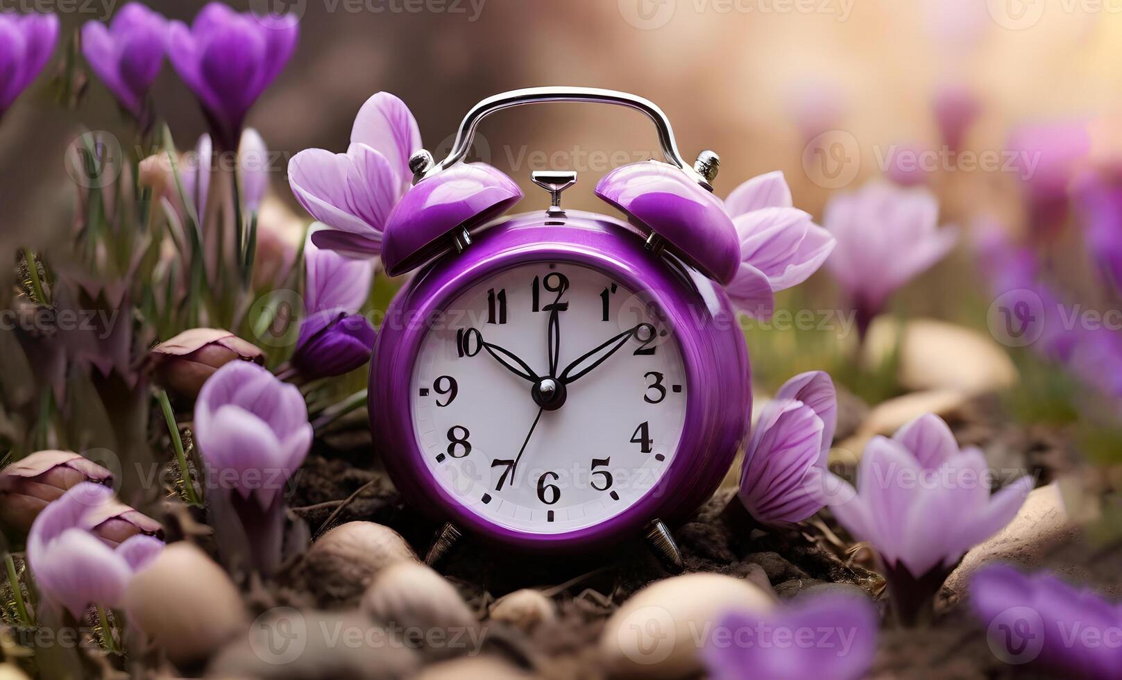 Classic alarm clock over spring flowers background. Daylight saving time reminder. Spring natural background with first flowers. Blooming crocus flowers. Spring time change background. photo