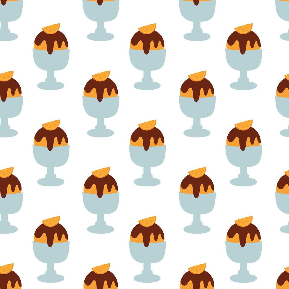 Seamless pattern. Ice cream in glass cup with chocolate and orange. Summer time sweet food background. flat illustration. vector
