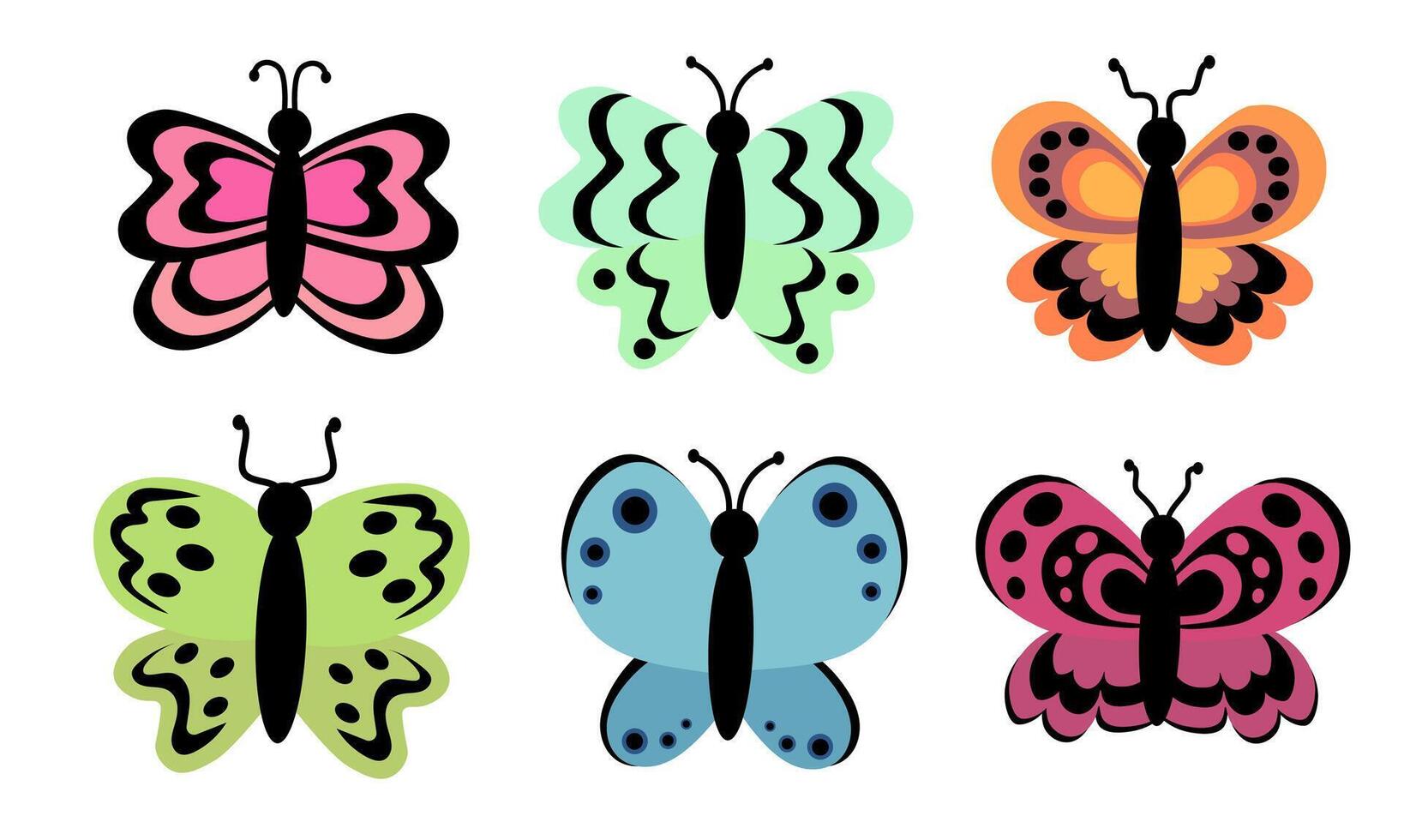 Butterflies set. Different abstract ornament design wings. Insect colorful collection. illustration isolated on white background. vector