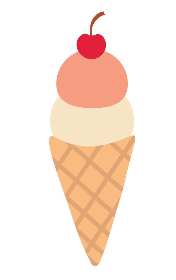 Ice cream in waffle cone with cherry. Summer time sweet food. flat illustration. vector