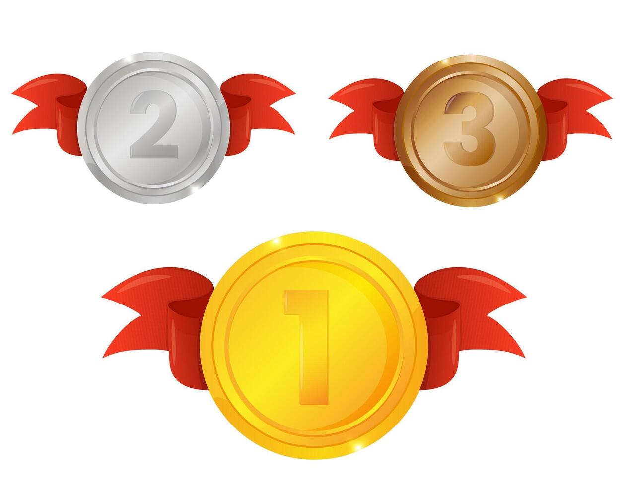 Gold, silver and bronze award medal set with red ribbon vector