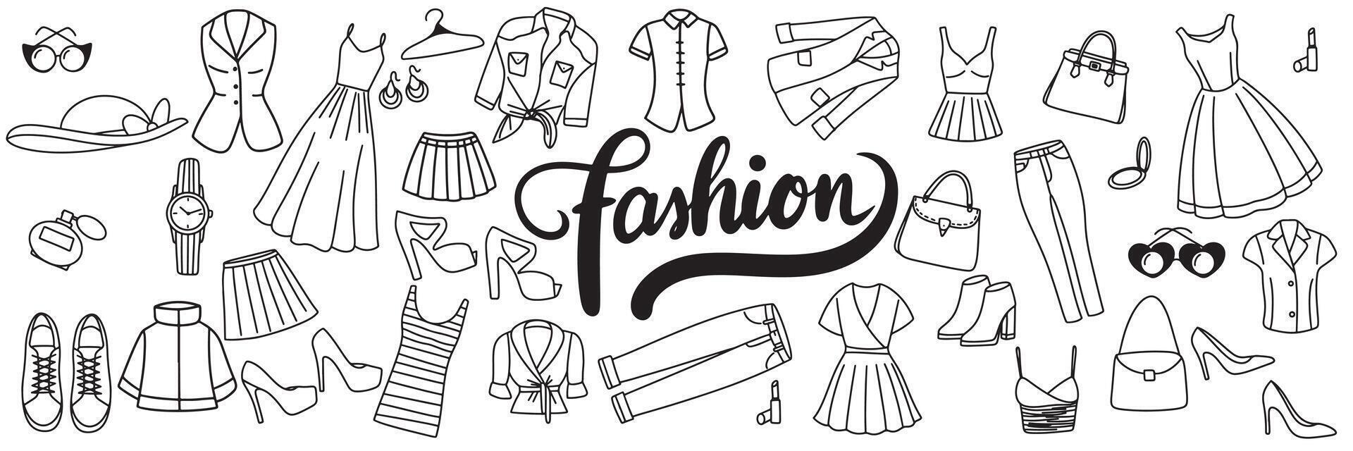 Collection of doodle fashion clothes icons set. Hand drawn art. vector