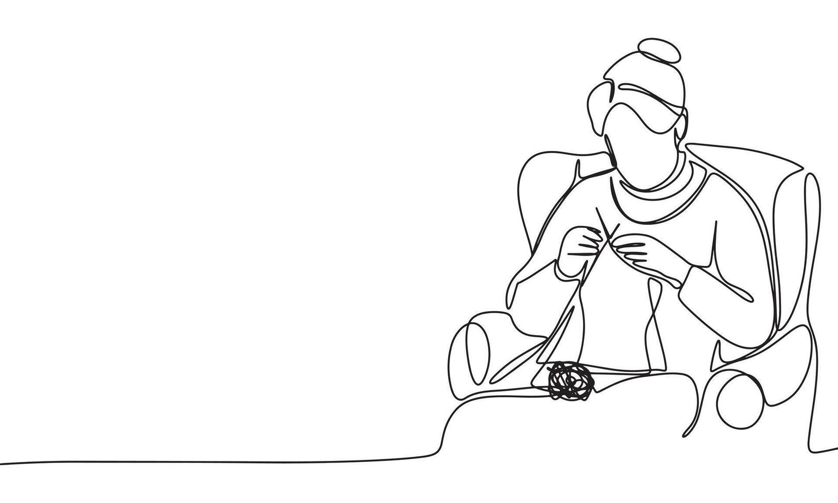 Grandmother is knitting one line continuous. Old woman is knitting line art. Hand drawn art. vector