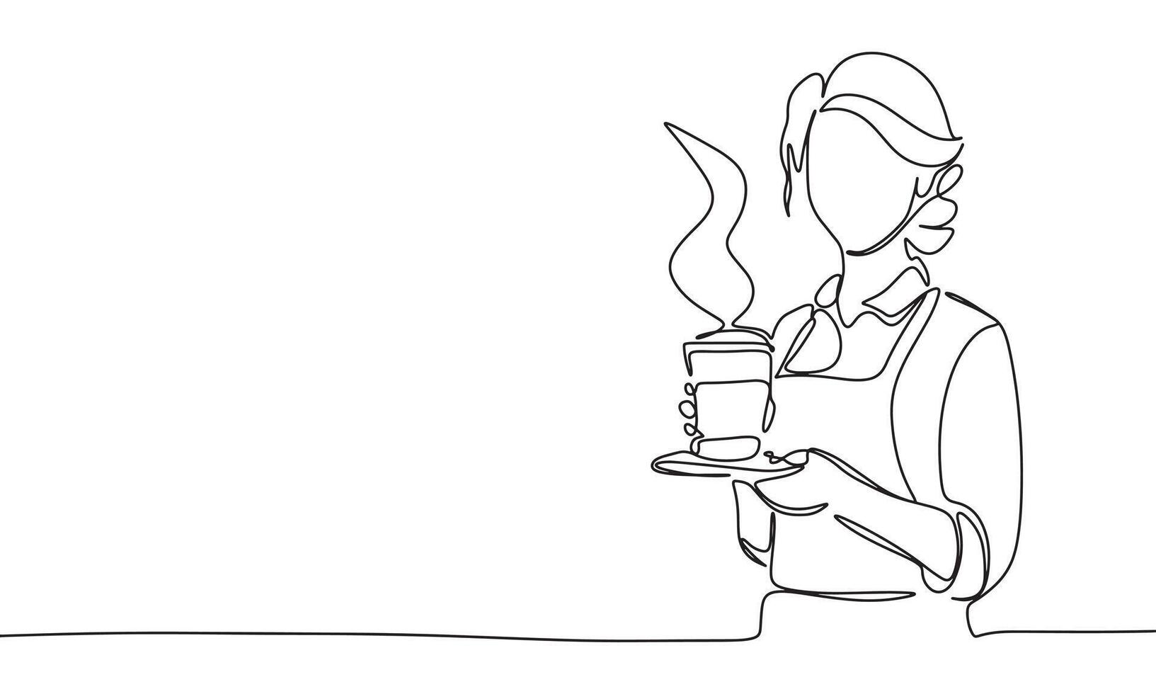 Barista one line continuous. Waitress with coffee line art. Hand drawn art. vector