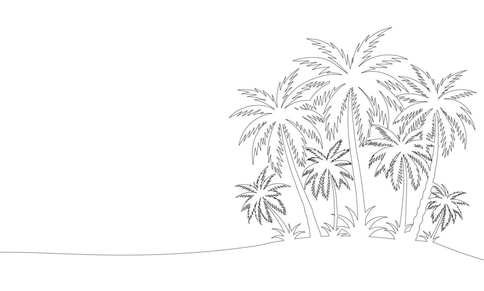 Palm trees island, one line continuous. Line art tropical island. Hand drawn art. vector