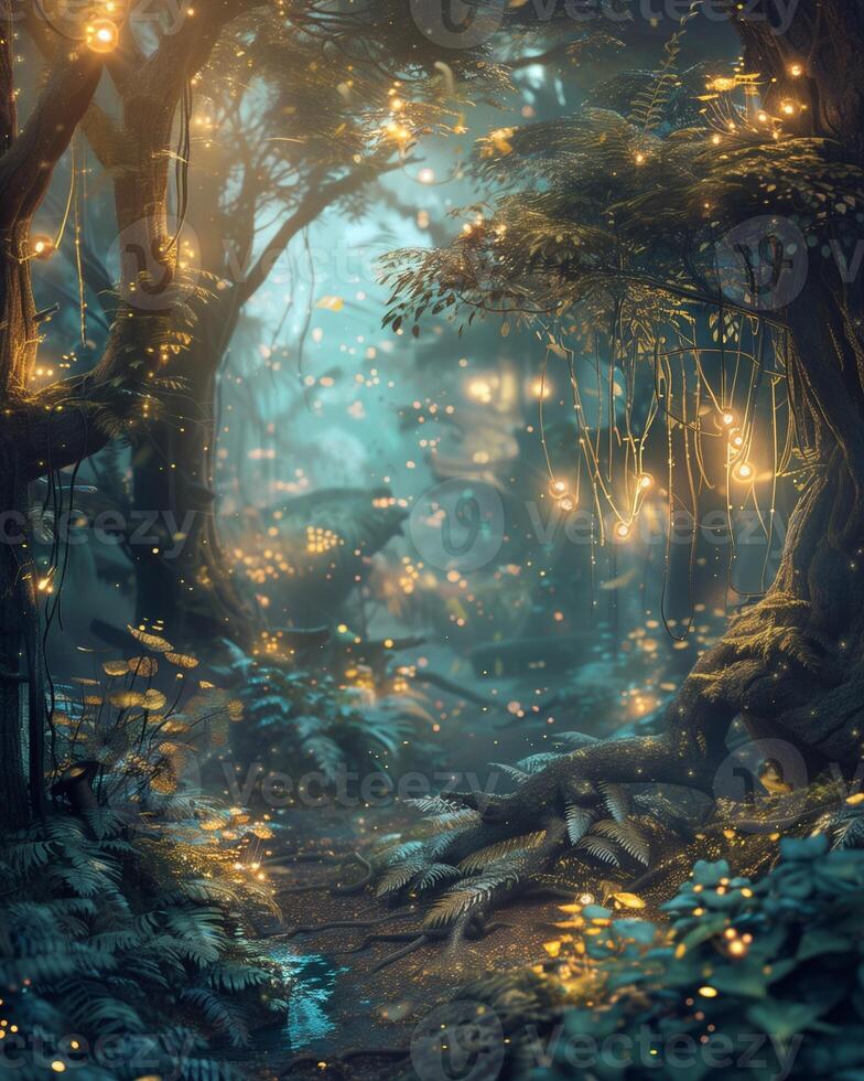 A fairy-tale forest with glowing plants and magical creatures photo