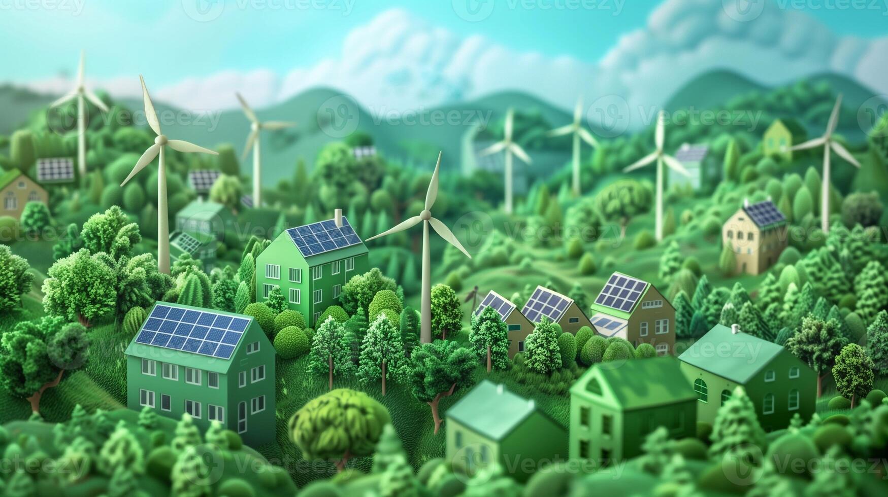 Community with solar panels, wind turbines, and green buildings photo