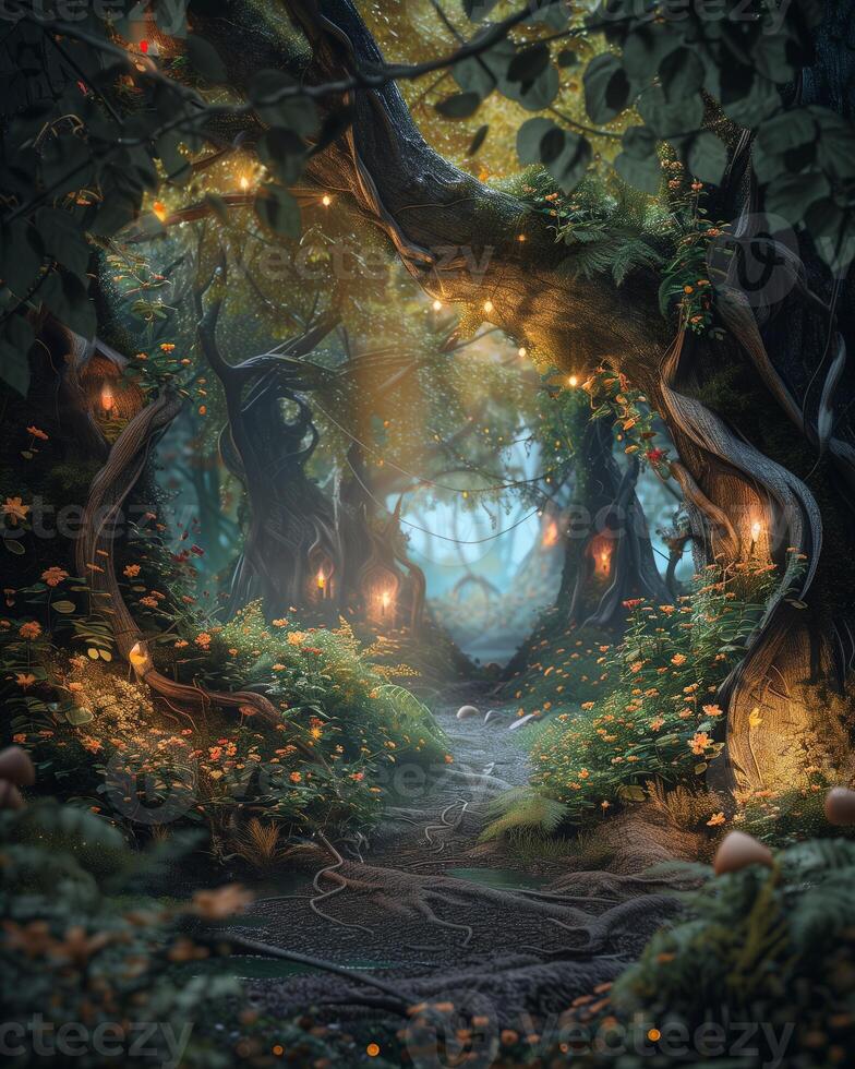 An enchanted fairytale forest with glowing plants and mythical creatures photo