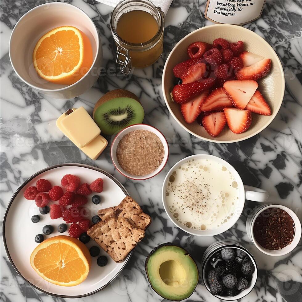 Flat lay of healthy breakfast items, arranged aesthetically, a visually appealing photo