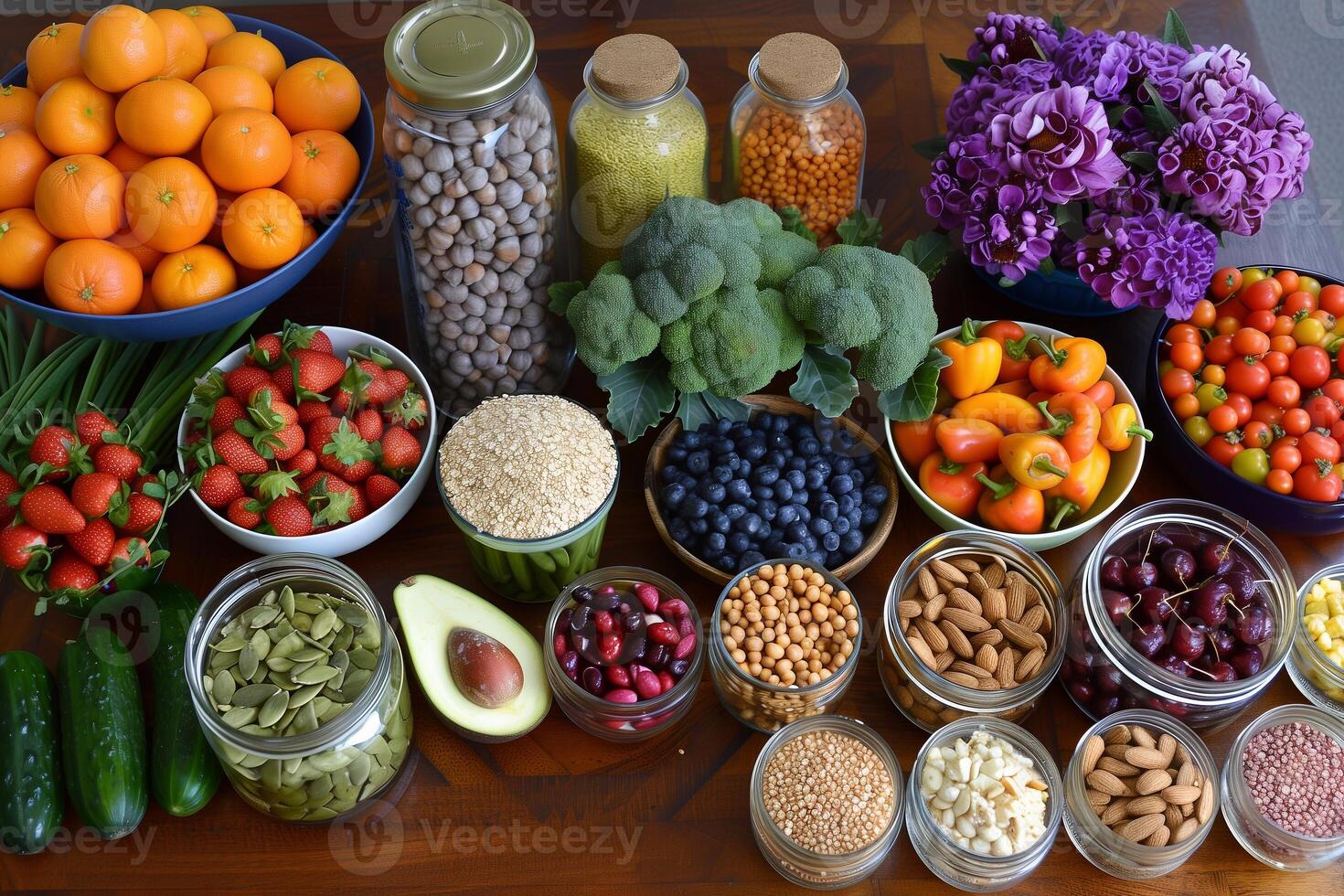 A colorful spread of healthy foods, fruits, vegetables, nuts, and whole grains, arranged aesthetically on a table photo
