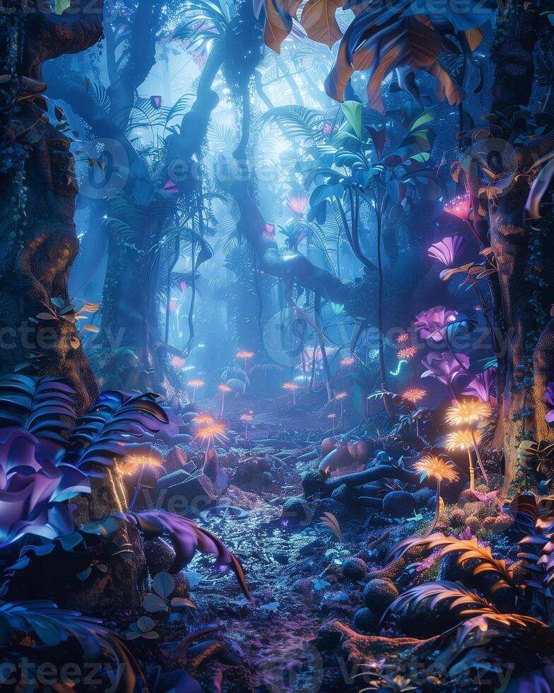 A magical scene of an ancient, enchanted forest with glowing plants and mystical creatures photo