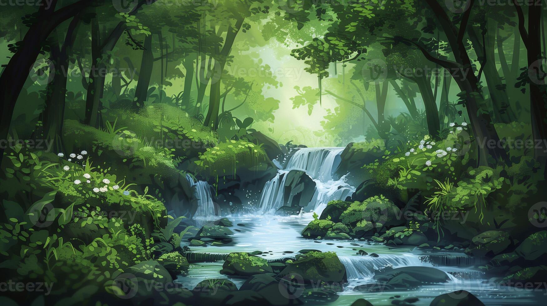 Calming and carefree landscape of nature with lush forest and waterfall photo