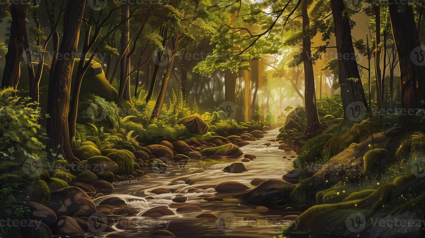Calming and carefree landscape of nature with lush forest and river photo