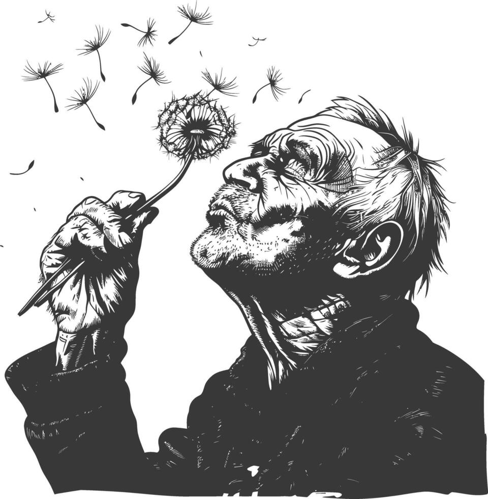 elderly man blows dandelion flower with engraving style vector