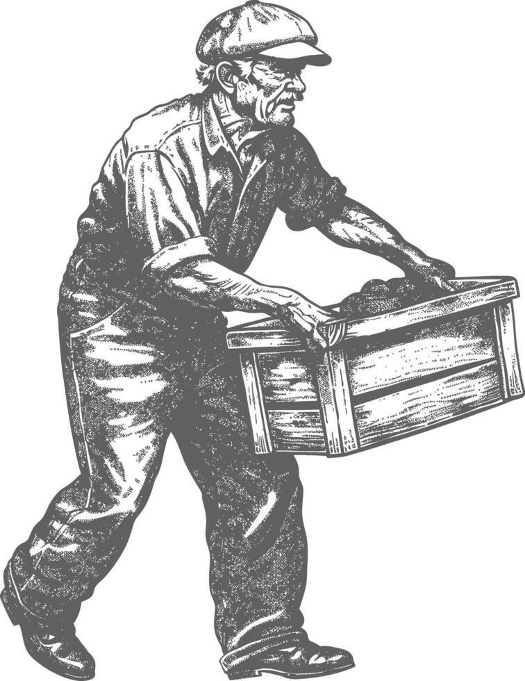 elderly man carry goods in loader box with engraving style vector