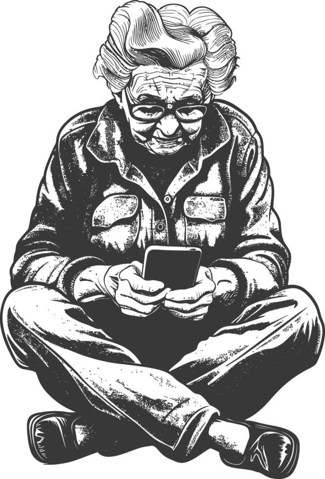 elderly woman playing smartphone while sitting with engraving style vector