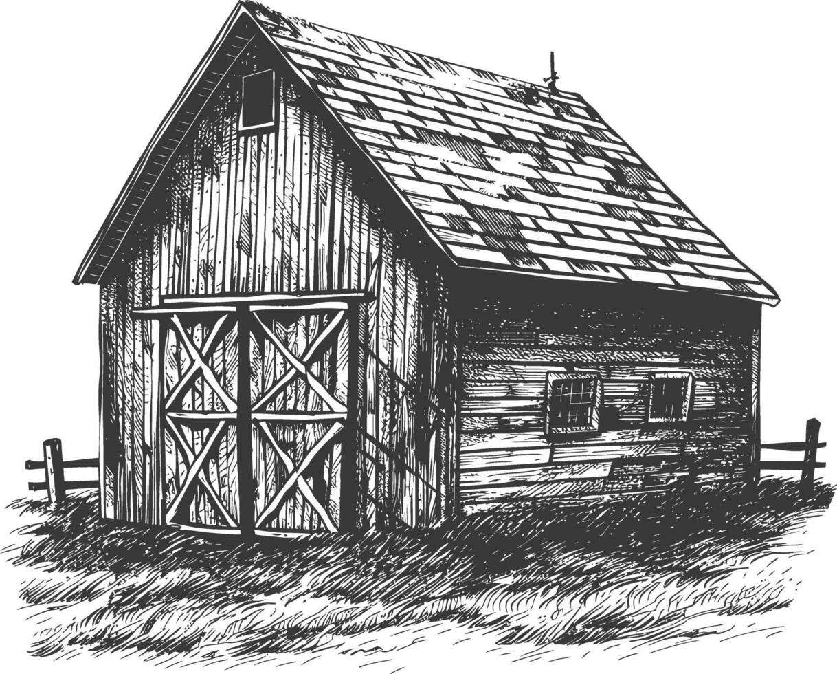 barn with engraving style black color only vector