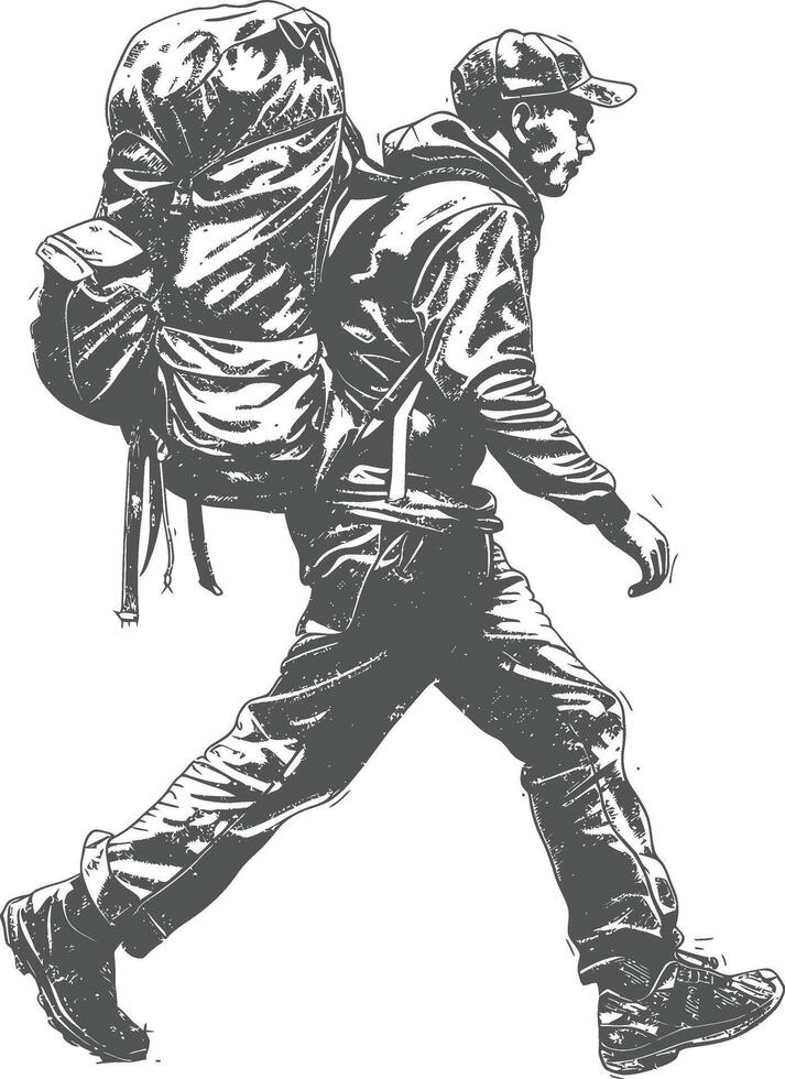 backpacker man in action with engraving style black color only vector