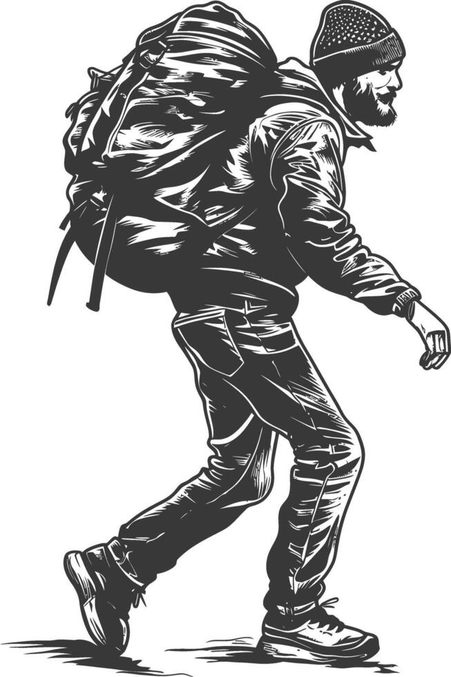 backpacker man in action with engraving style black color only vector