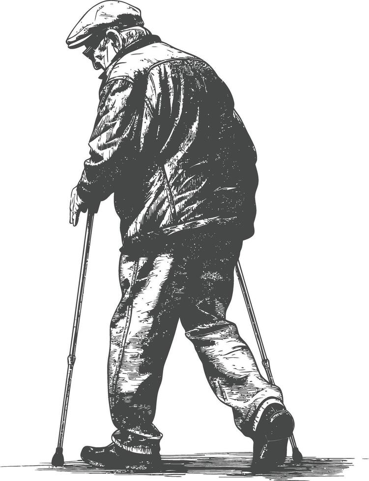 blind elderly walks with a cane with engraving style black color only vector