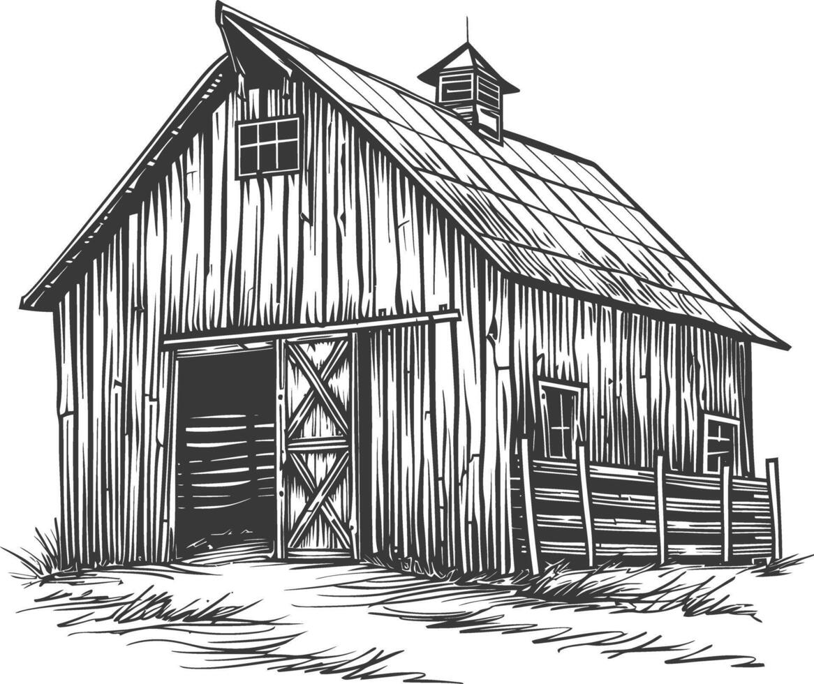 barn with engraving style black color only vector