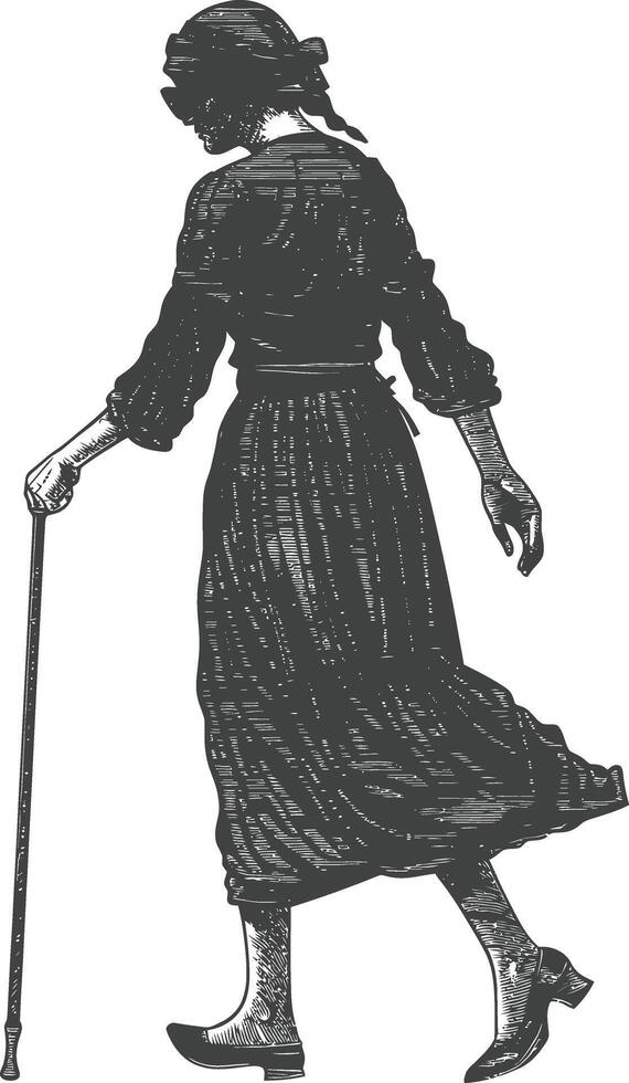 blind woman walks with a cane with engraving style black color only vector