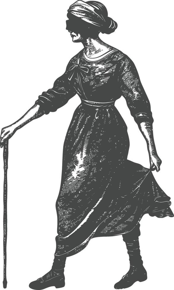 blind woman walks with a cane with engraving style black color only vector