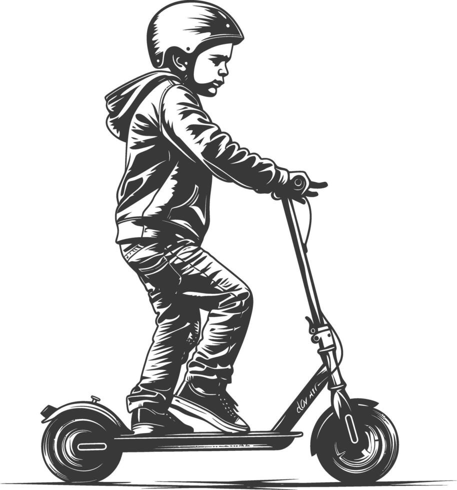 boy riding electric scooter with engraving style black color only vector