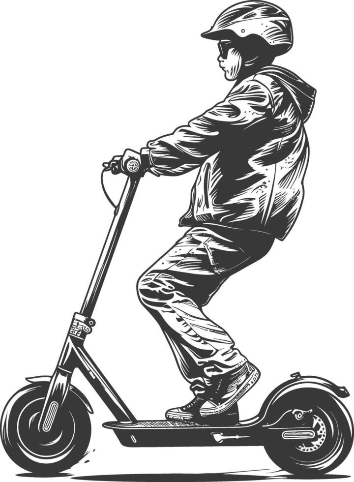 boy riding electric scooter with engraving style black color only vector