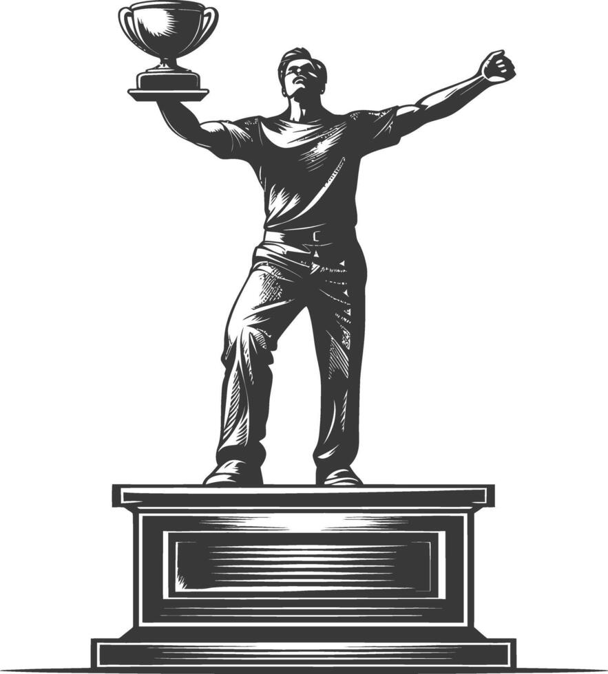 champion standing on a winner podium holding the trophy vector