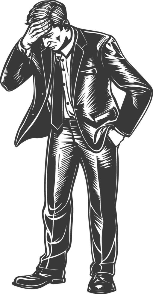 businessman holding headache in pain with engraving style black color only vector