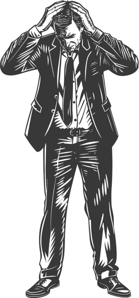 businessman holding headache in pain with engraving style black color only vector