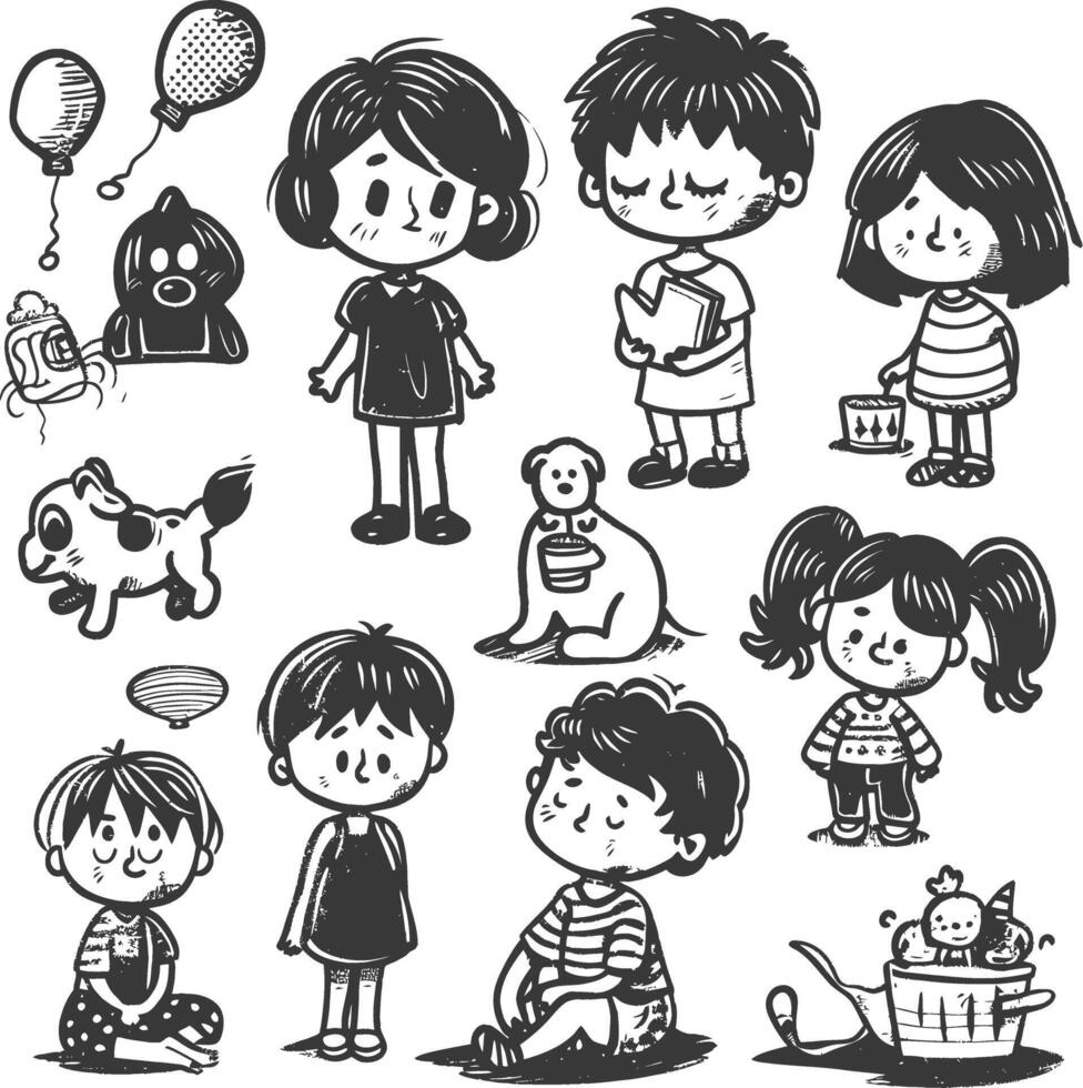 collection set hand drawn doodle cute kid with engraving style black color only vector